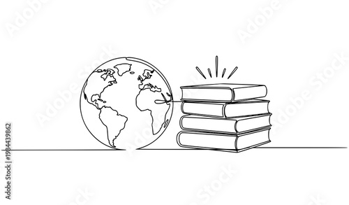 One line globe and books connected composition global education continuous line minimalist vector illustration