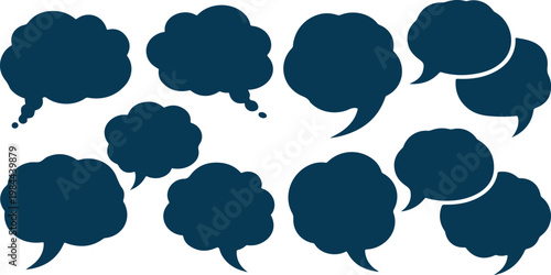 Seamless pattern of blue flowers ink splashes and spotted speech bubbles in a playful cartoon chat design