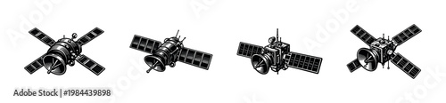 Vintage style satellite illustrations, spacecraft black and white vector, aerospace elements