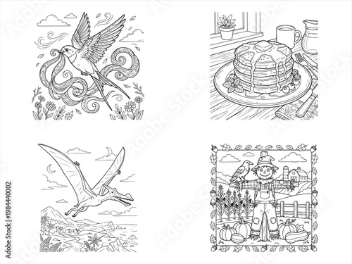 Coloring book pages, illustrations, fantasy creatures, animals, cakes, kitchen, 4 designs
