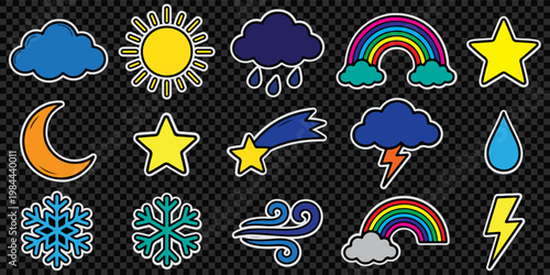 Large collection of colorful weather forecast sticker icons. Hand drawn doodle set of sun, clouds, rain, rainbow, moon and snowflakes isolated on dark background. Vector illustration.