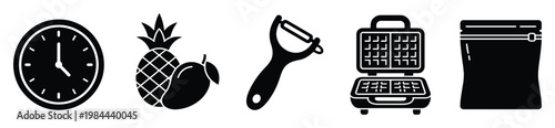 Practical cooking and food preparation icons set showcasing a clock, pineapple, mango, vegetable peeler, waffle maker, and reclosable storage bag for various kitchenthemed designs