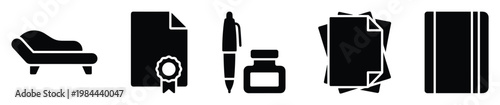 Collection of professional office and legal related icons including a chaise lounge, certified document, writing instruments, stacked papers, and a book for use in business and academic