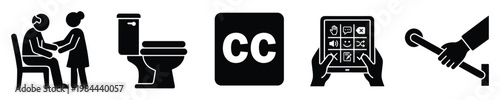Comprehensive set of inclusive icons symbolizing elder care, restroom accessibility, closed captioning, assistive communication tools, and safety grab bars for diverse support services and