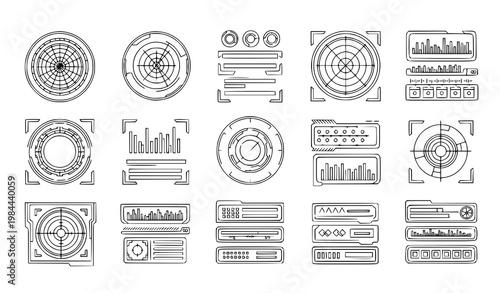 Futuristic HUD interface elements vector set with sci fi digital panels radar screens and data UI components