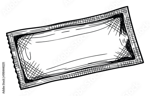 Handdrawn empty sachet packaging packet with textured crinkled edges ideal for food product mockups ingredient lists restaurant menu branding and cafe signage projects