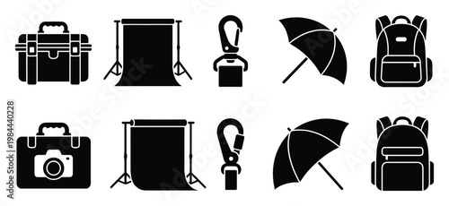 Collection of photography and travel essentials depicted as sleek glyph icons, perfect for web, mobile apps, and print materials requiring clear visual representations of gear.