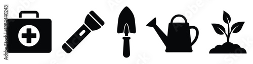 Emergency and gardening survival tools as black silhouette icons, perfect for illustrating safety, outdoor activities, and environmental care graphics.