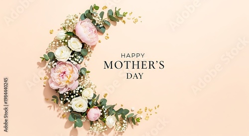 Happy mothers day floral wreath with pink and white flowers on peach background