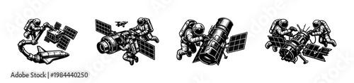 Astronauts in space repairing satellites and equipment silhouette vector illustration