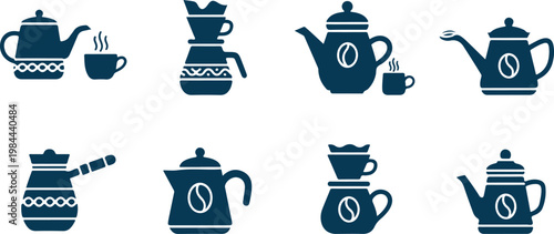 A simple vector set of food and dairy drink icons including cups, teapots, kettles and kitchen items in a clean cartoon style