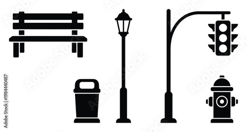 Assortment of essential urban street elements such as a park bench street light traffic signal waste bin and fire hydrant for civic planning and infrastructure design needs