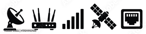Essential communication and network symbols showing satellite dish, wireless router, signal strength, data satellite, and ethernet port for modern digital interfaces.