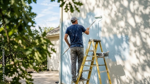 Male house painter standing on a ladder painting the exterior facade of a building.