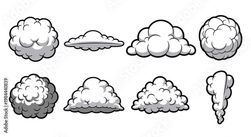 Set of cartoon-style clouds and smoke puffs with clear outlines and white and grey shading, perfect for weather-related or fantasy illustrations
