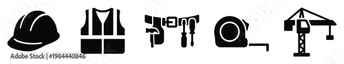 Collection of essential construction tools and worker safety equipment for building projects and industrial work site applications