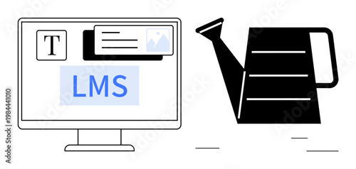 Education technology, online learning, content creation, sustainability, gardening, digital tools. Computer screen showing LMS module, watering can beside. Education technology and gardening concept