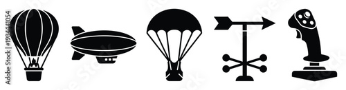 Monochrome flight and aviation symbols showcasing a hot air balloon, blimp, parachute, weather vane, and joystick serve as versatile graphic assets for themed digital and print projects.