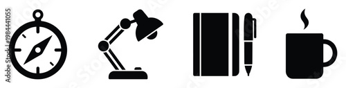 Essential items for daily productivity and planning including a compass, desk lamp, notebook, pen, and a steaming mug, perfect for various educational and professional graphic applications