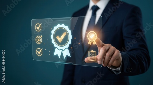 A businessman using a digital interface for audit control and trust verification through a quality badge.