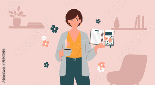 Woman enjoying leisure time with coffee and magazine.