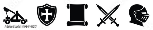 A versatile set of ancient medieval warfare and historical era symbols including a catapult, shield with cross, scroll, crossed swords, and knight helmet useful for educational resources,