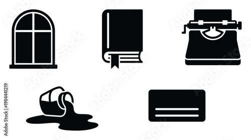 Essential black silhouette icon set including a window, book with bookmark, vintage typewriter, spilling pot, and a rectangular card, ideal for graphic design and modern digital interface
