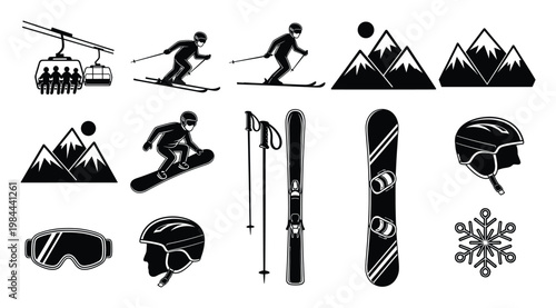 Comprehensive winter sports glyphs showcasing skiing and snowboarding activities, majestic mountains, and essential equipment, ideal for enthusiast branding, seasonal promotional campaigns,