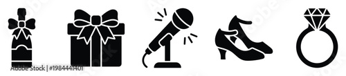 Collection of festive event symbols featuring sparkling wine present microphone elegant footwear and engagement jewelry ideal for holiday greetings party promotions or special occasion