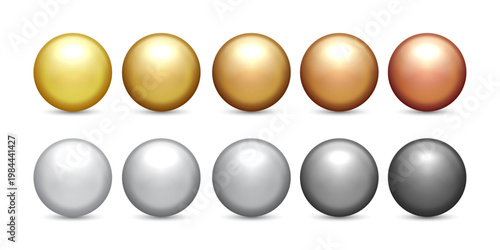 3D Metallic Spheres Set – Gold Silver Bronze Shiny Pearl and Crystal Balls with Reflection and Shadow Realistic Vector