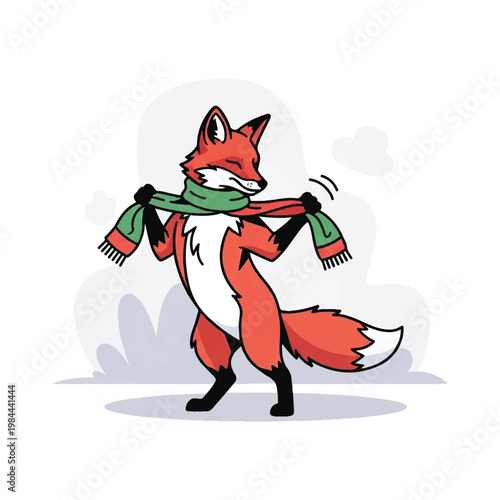 Cartoon Fox Wearing Green Scarf Dancing.