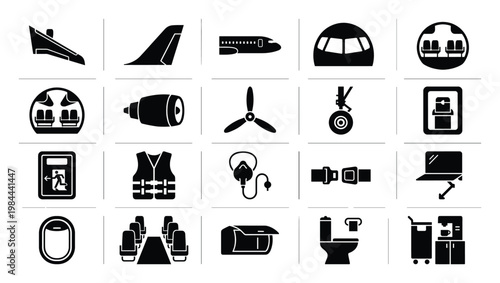Detailed glyph icons representing airplane exterior and interior features, including passenger essentials, safety measures, and flight service elements for travel industry resources and