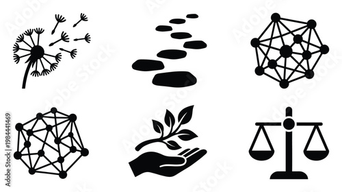 Versatile black and white icons depicting concepts of freedom, evolutionary paths, interconnected systems, nurturing development, and scales of justice useful for a wide range of graphic