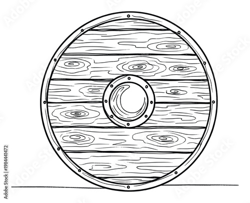Viking era inspired round wooden shield line art illustration showcasing rustic wood planks with a prominent metal boss and protective rim suitable for ancient history publications
