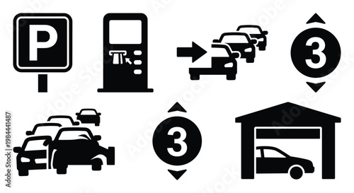 Collection of parking related icons featuring car park entrance, payment machine, multistory level indicator, and crowded vehicle storage for transportation and city planning infographics