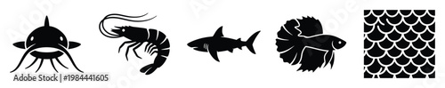 Assorted aquatic life silhouettes featuring a catfish, shrimp, shark, and betta fish alongside a fish scale texture, ideal for educational content, merchandise, or oceanthemed projects.