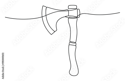 A sleek single line drawing of a traditional woodcutters axe represents simplicity and strength, ideal for lumberjack themes, outdoor adventure publications, or minimalist brand logos.
