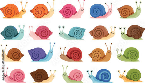 Cute snail cartoon vector set with colorful characters and smiling expressions isolated on white background illustration