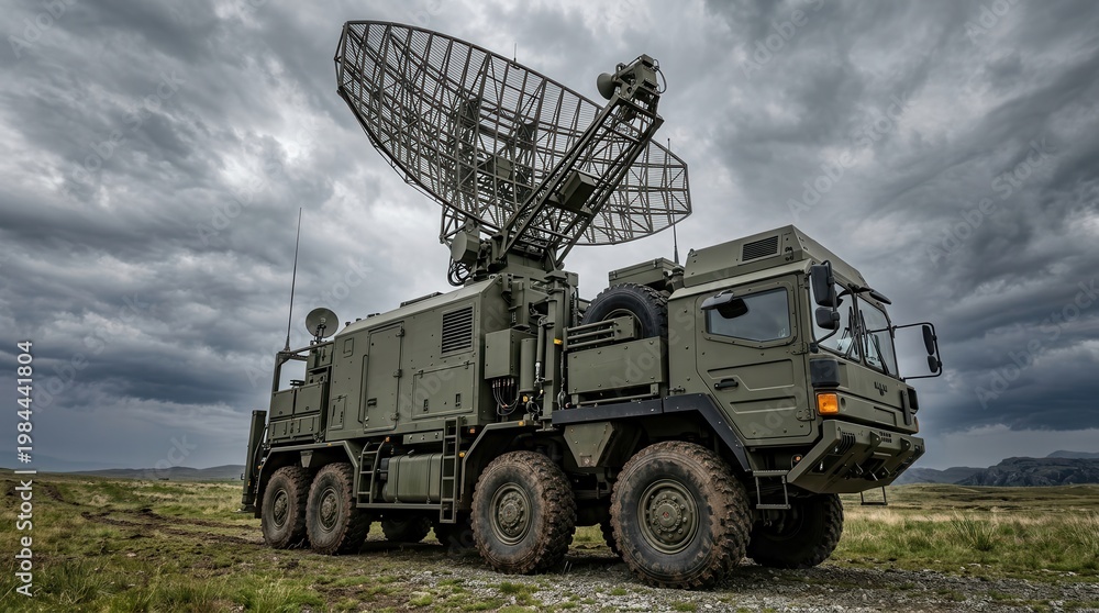 Fototapeta premium Large satellite dish and mobile radar system integrated onto a rugged military truck.