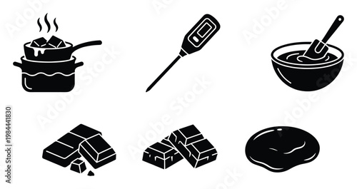 Comprehensive set of black glyph icons illustrating the chocolate melting and tempering process, perfect for educational materials, culinary websites, and cooking guide applications.