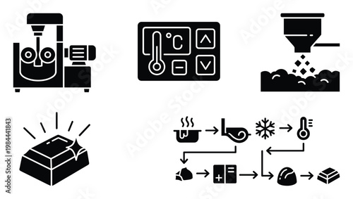 Set of industrial process glyph icons representing production workflow, material handling, quality control, mixing equipment, and temperature regulation for business, education, or