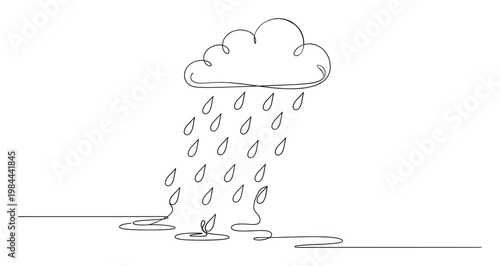 Continuous line drawing of a cloud with rain falling and creating puddles on the ground, a minimalist weather pictogram for environmental concepts, educational materials, or decorative