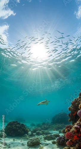 Underwater Paradise - Sunbeams Illuminate a Vibrant Coral Reef Ecosystem.