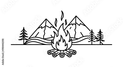 Minimalist illustration of a campfire with mountains and trees, representing outdoor adventures and nature