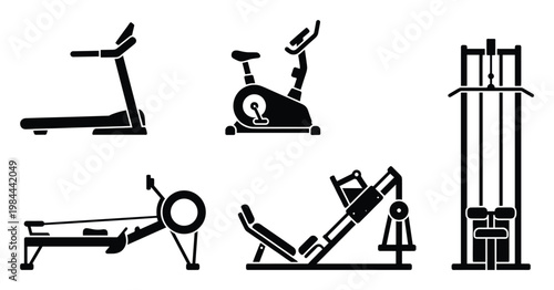 Collection of essential gym equipment icons including cardio and strength training machines perfect for fitness apps websites or health club promotions
