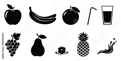 Collection of fresh fruit and beverage icons representing healthy food and drink options for juice, smoothie, and refreshment related advertising needs