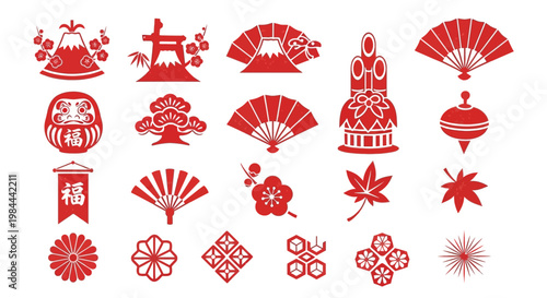 Collection of Traditional Japanese Symbols and Icons for Cultural Representation and Design Elements