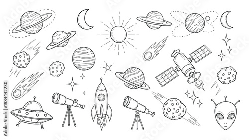 Handdrawn outlines of cosmic objects including planets, moons, sun, rocket, satellite, and alien, perfect for educational resources, childrens books, or spacethemed graphic projects.
