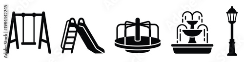 Essential park and playground equipment icons including a swing slide merrygoround fountain and lamppost suitable for urban design projects web interfaces and educational materials