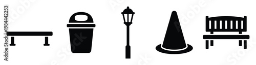 Collection of essential urban street furniture icons depicting park benches, waste bins, street lamps, and traffic cones, perfect for city planning, map design, and informational graphics
